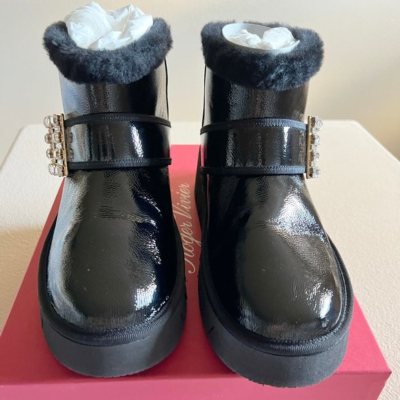 Roger Vivier Viv' Winter Fur Strass Buckle Black Patent Leather Ankle Boots EU41 - Picture 3 of 13